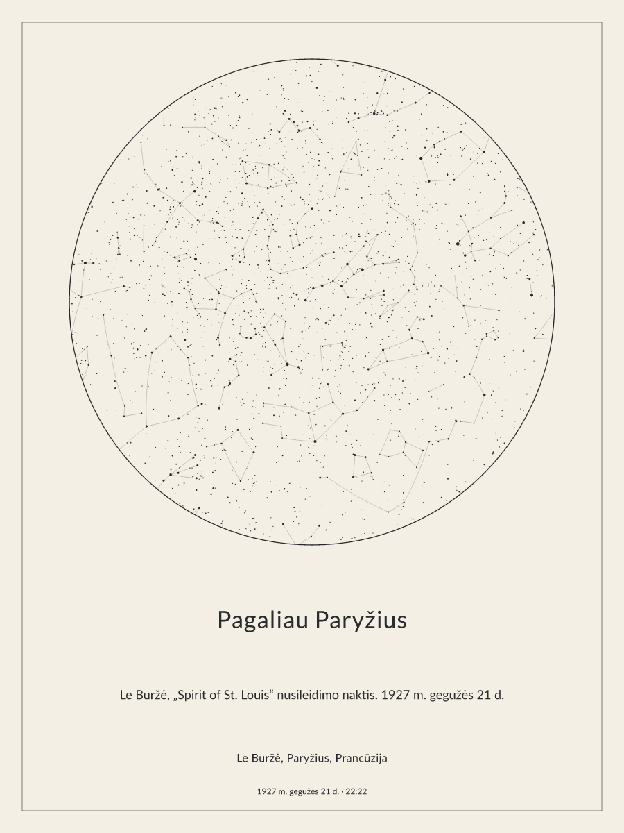 Nakties dangaus schema: Le Buržė, Paryžius, Prancūzija, 1927 m. gegužės 21 d., 22:22