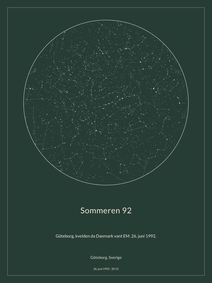 Himmelkart av stjernehimmelen over Göteborg, Sverige kl. 20:15 26. juni 1992
