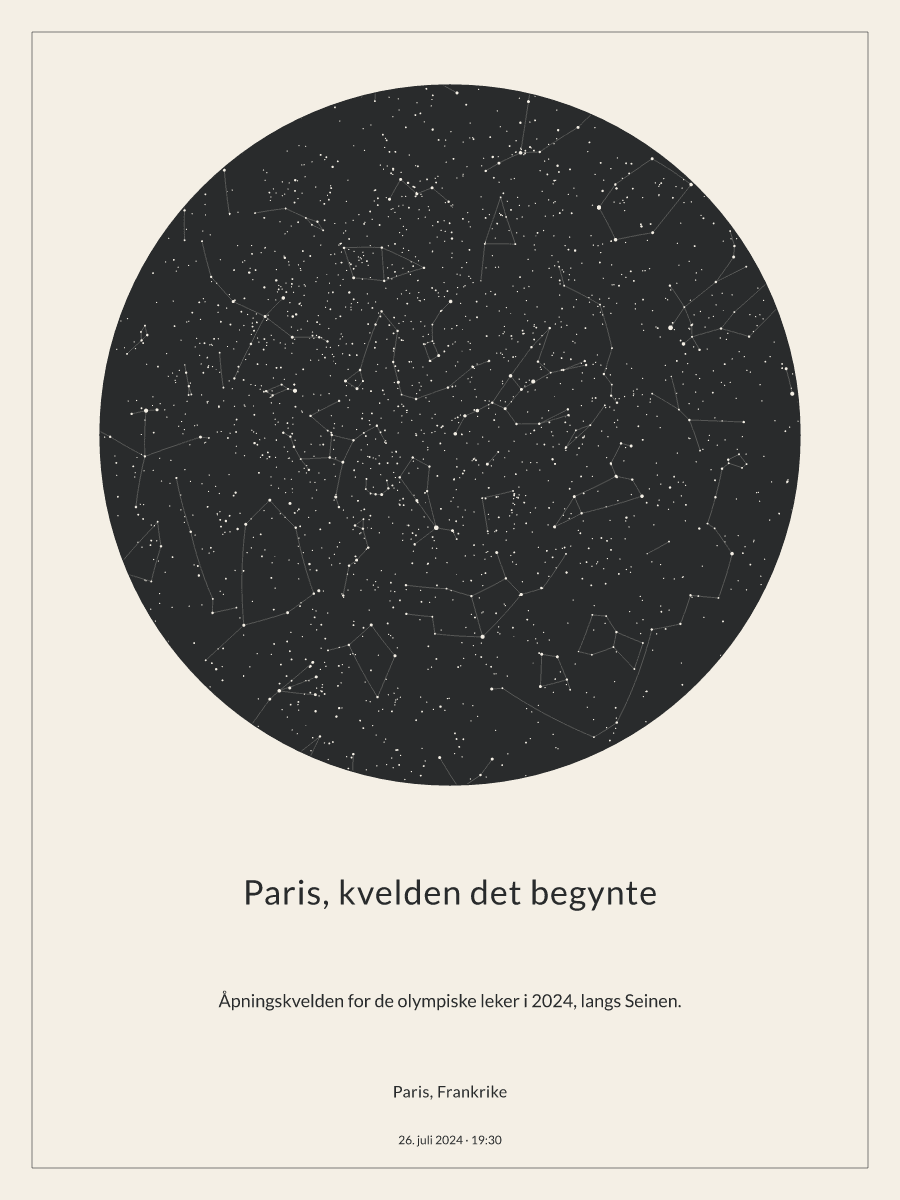 Himmelkart av stjernehimmelen over Paris, Frankrike kl. 19:30 26. juli 2024