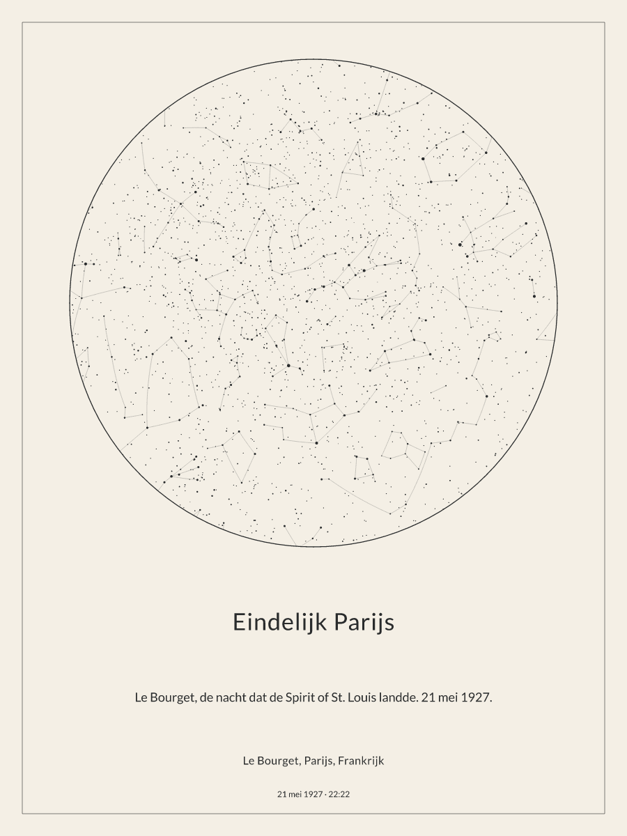 Hemelkaart van de sterrenhemel boven Le Bourget, Parijs, Frankrijk om 22:22 op 21 mei 1927