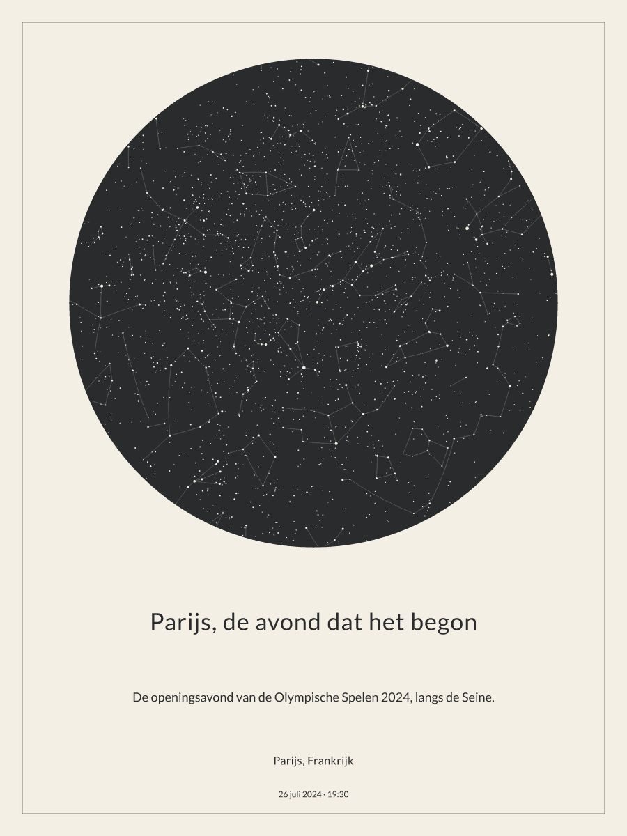 Hemelkaart van de sterrenhemel boven Parijs, Frankrijk om 19:30 op 26 juli 2024
