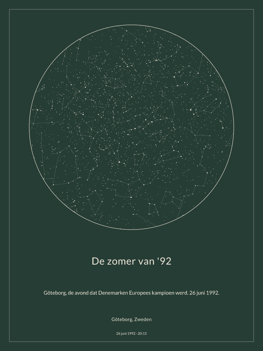 Hemelkaart van de sterrenhemel boven Göteborg, Zweden om 20:15 op 26 juni 1992