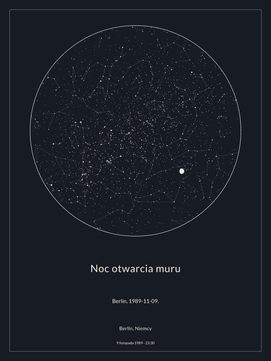 Berlin, Niemcy: mapa nocnego nieba, godz. 23:30, 9 listopada 1989