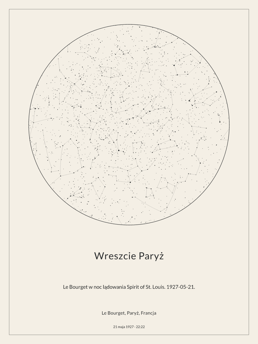 Le Bourget, Paryż, Francja: mapa nocnego nieba, godz. 22:22, 21 maja 1927