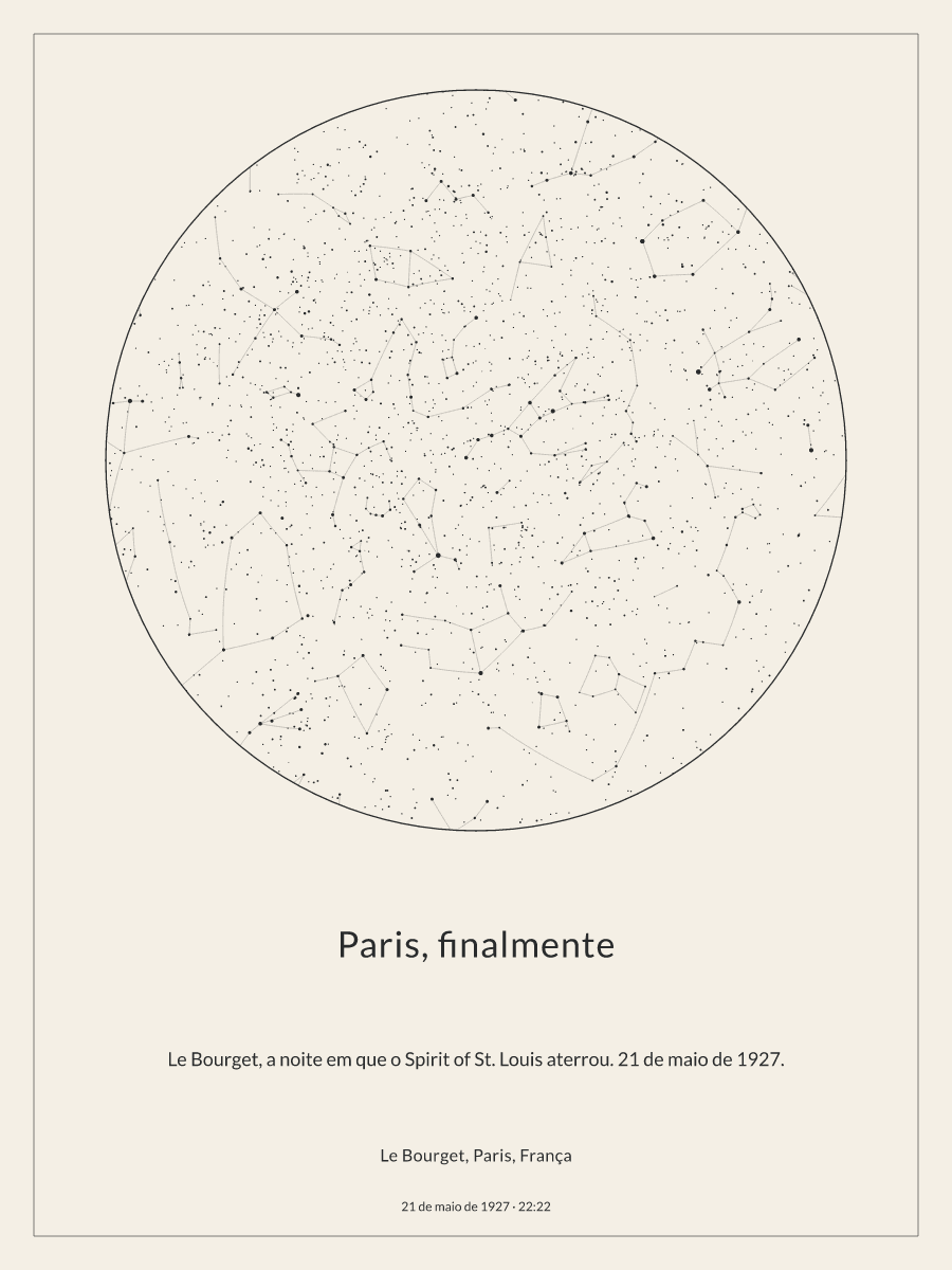 Mapa do céu noturno: Le Bourget, Paris, França, 21 de maio de 1927, 22:22