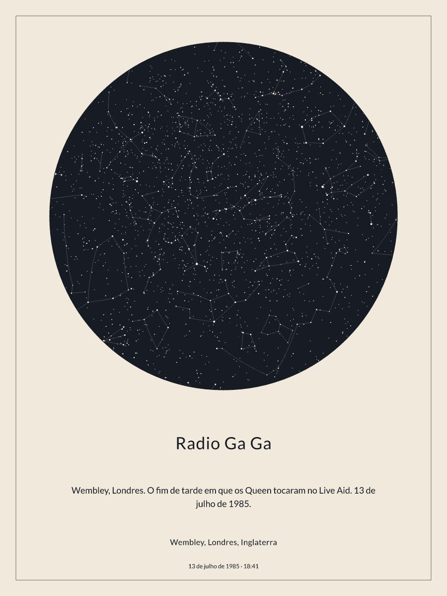 Mapa do céu noturno: Wembley, Londres, Inglaterra, 13 de julho de 1985, 18:41