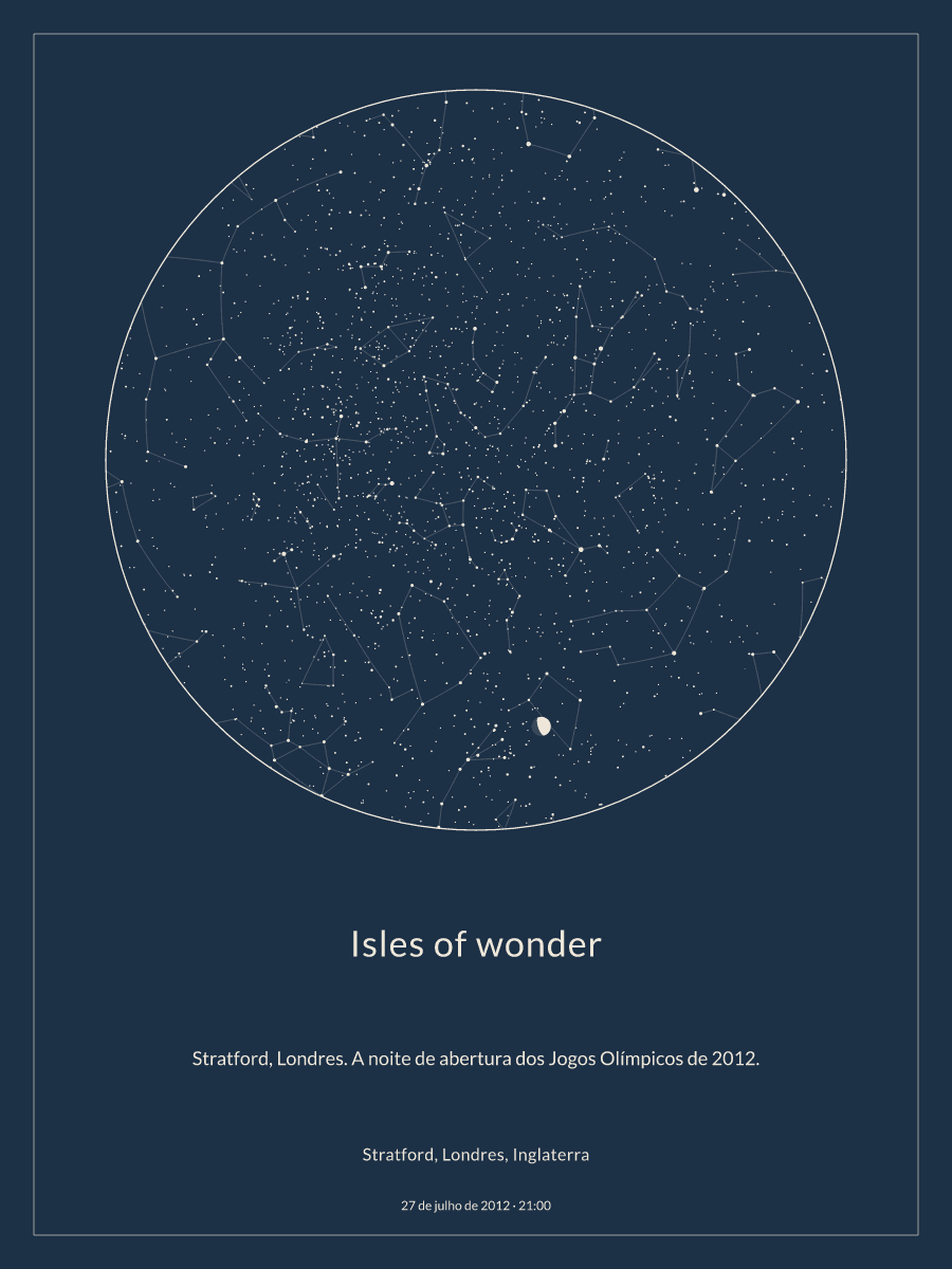 Mapa do céu noturno: Stratford, Londres, Inglaterra, 27 de julho de 2012, 21:00