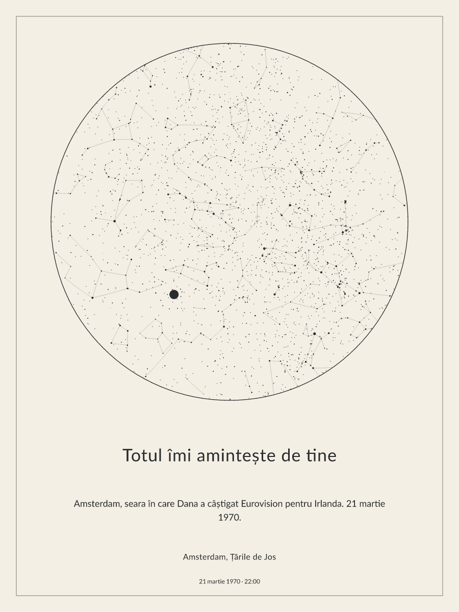 Hartă a cerului deasupra locului Amsterdam, Țările de Jos, la ora 22:00, pe 21 martie 1970