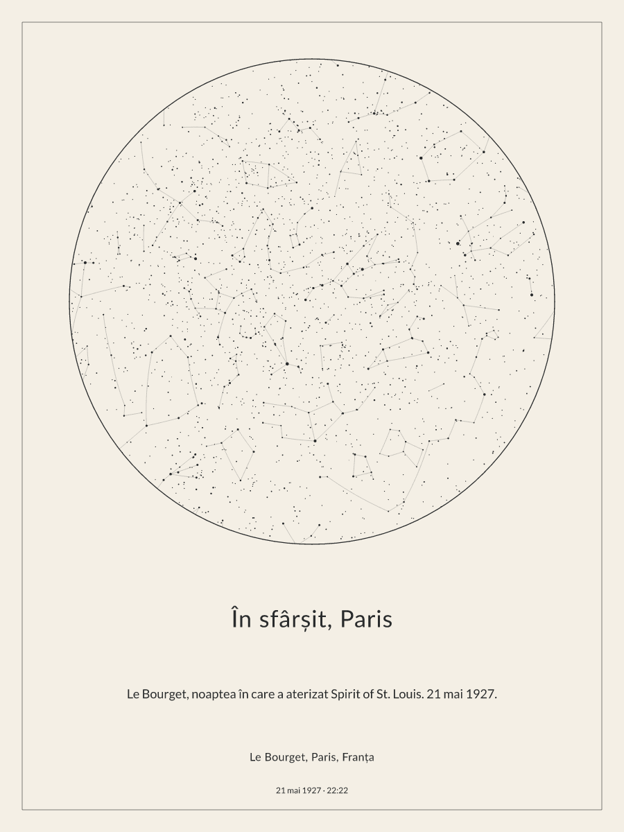 Hartă a cerului deasupra locului Le Bourget, Paris, Franța, la ora 22:22, pe 21 mai 1927