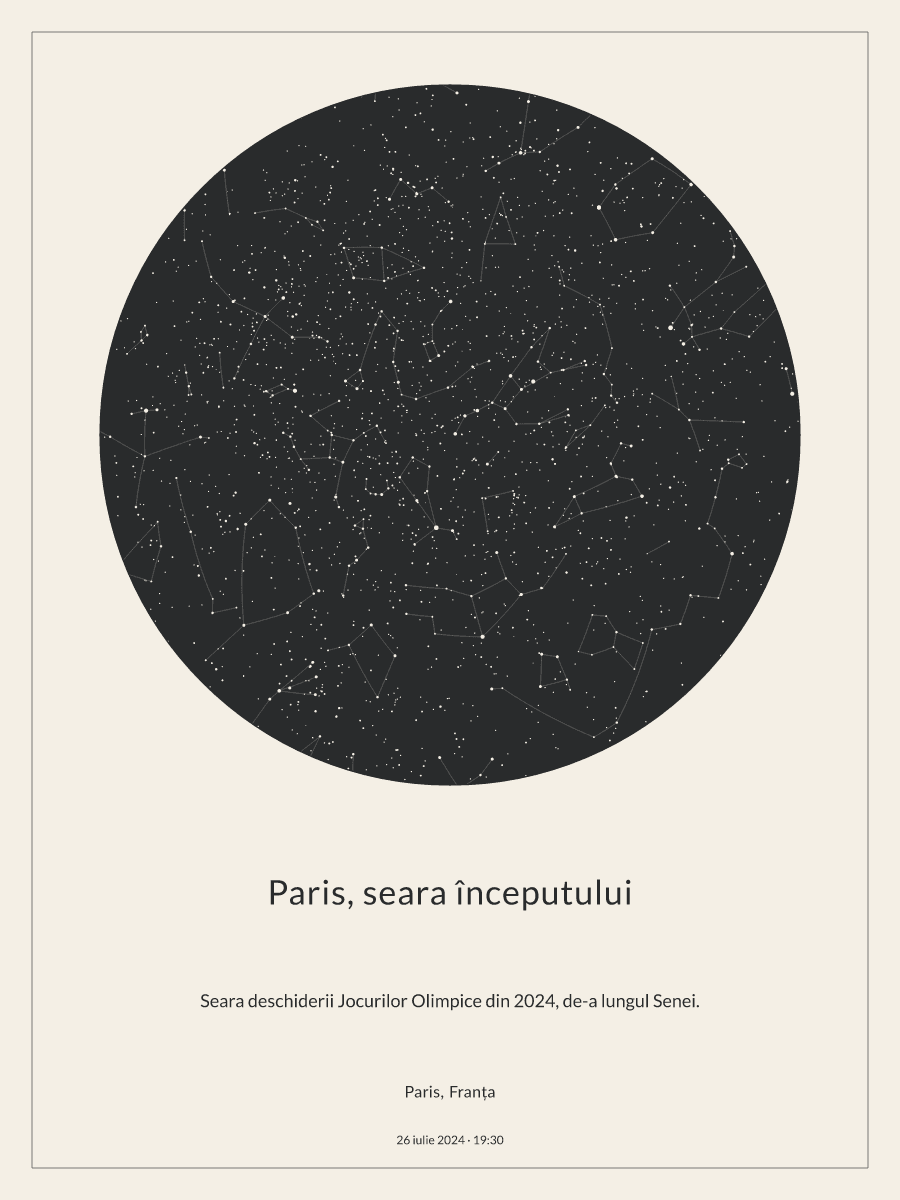 Hartă a cerului deasupra locului Paris, Franța, la ora 19:30, pe 26 iulie 2024