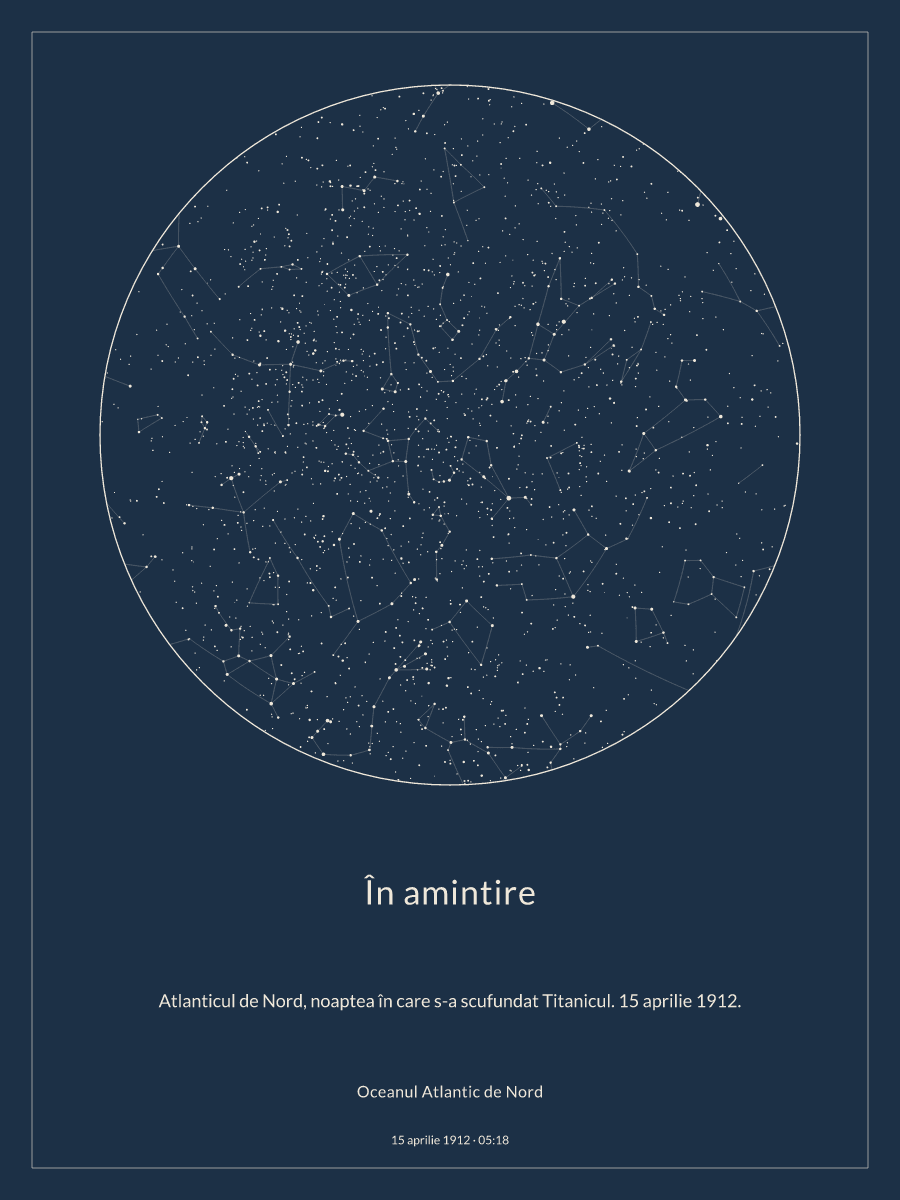 Hartă a cerului deasupra locului Oceanul Atlantic de Nord, la ora 05:18, pe 15 aprilie 1912