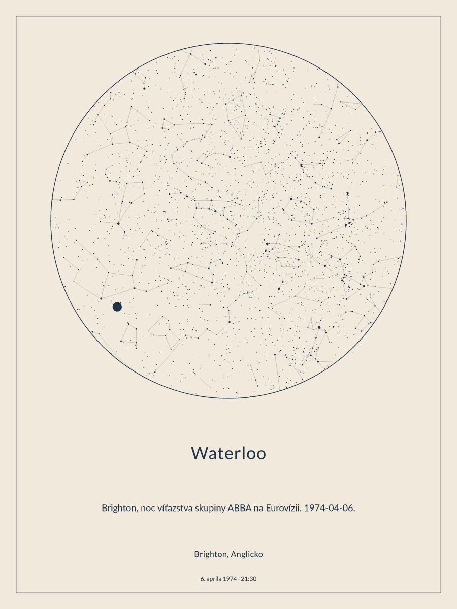 Brighton, Anglicko: mapa nočnej oblohy o 21:30 dňa 6. apríla 1974
