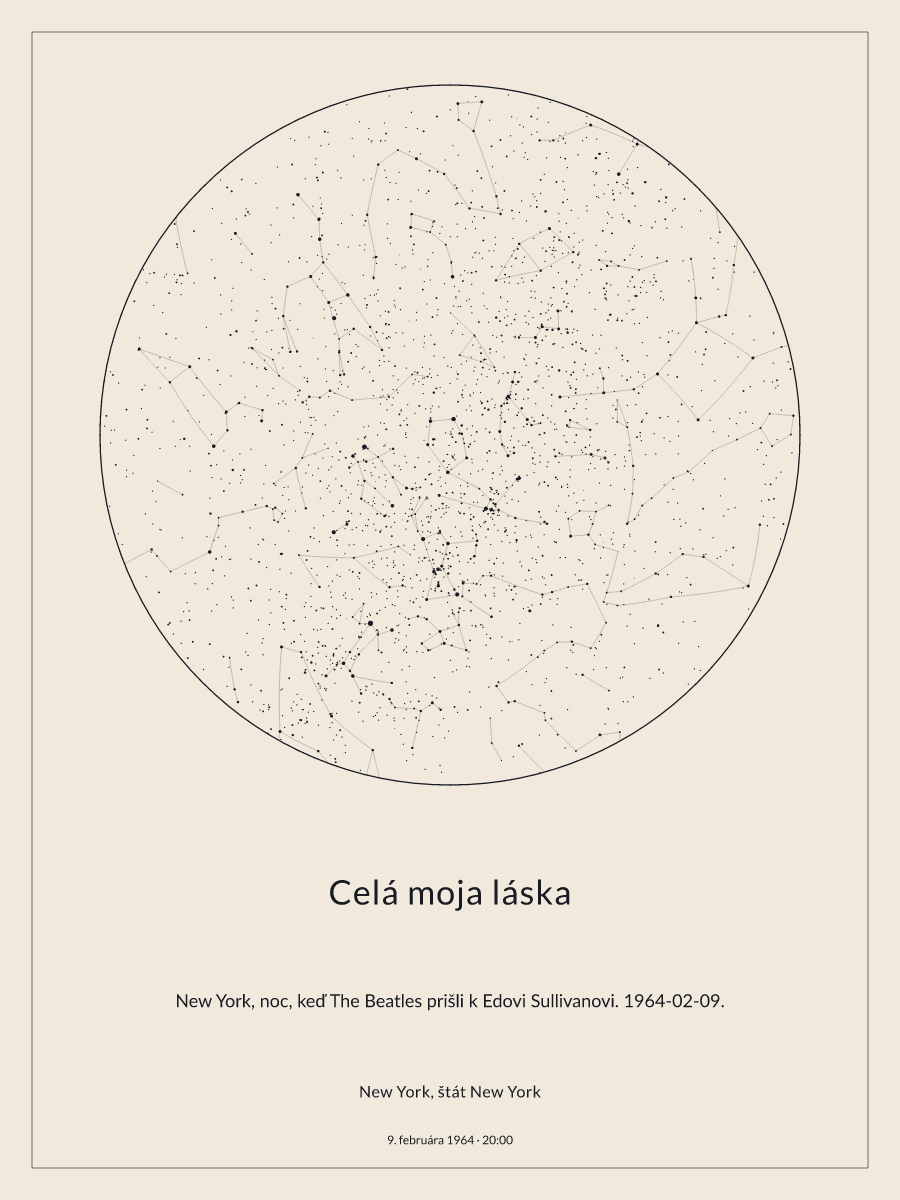 New York, štát New York: mapa nočnej oblohy o 20:00 dňa 9. februára 1964