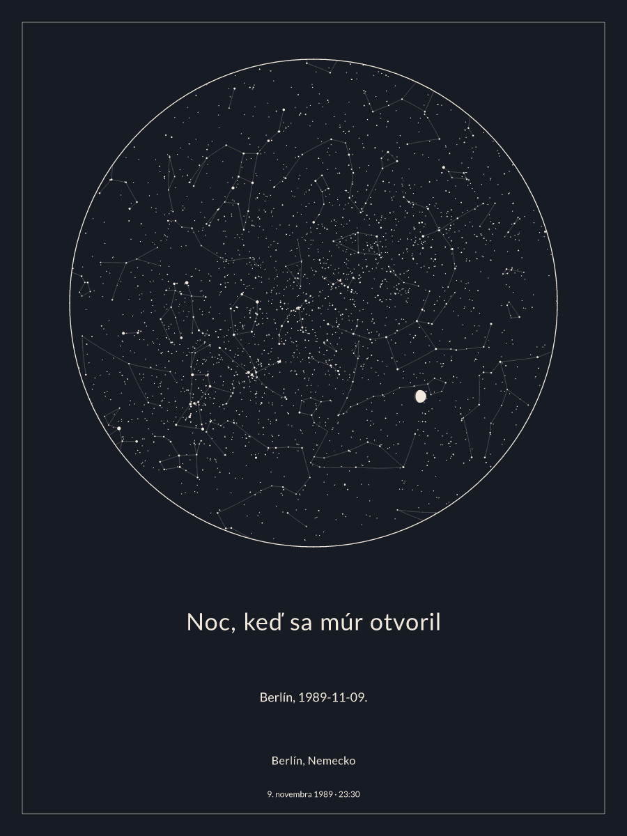 Berlín, Nemecko: mapa nočnej oblohy o 23:30 dňa 9. novembra 1989