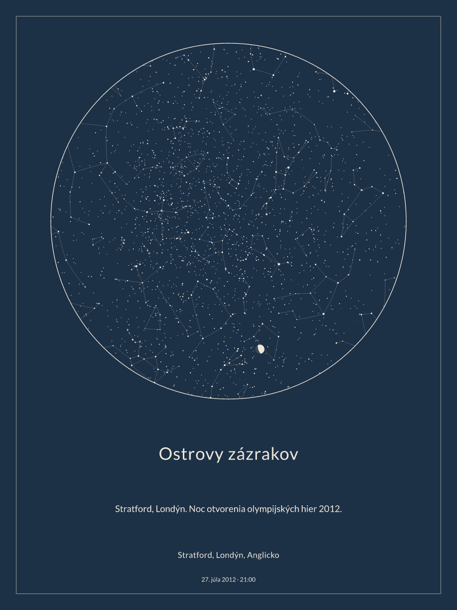 Stratford, Londýn, Anglicko: mapa nočnej oblohy o 21:00 dňa 27. júla 2012