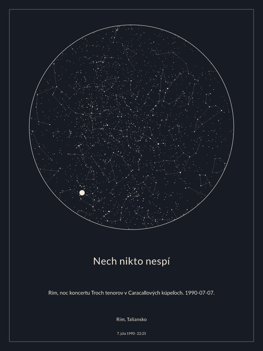 Rím, Taliansko: mapa nočnej oblohy o 22:25 dňa 7. júla 1990