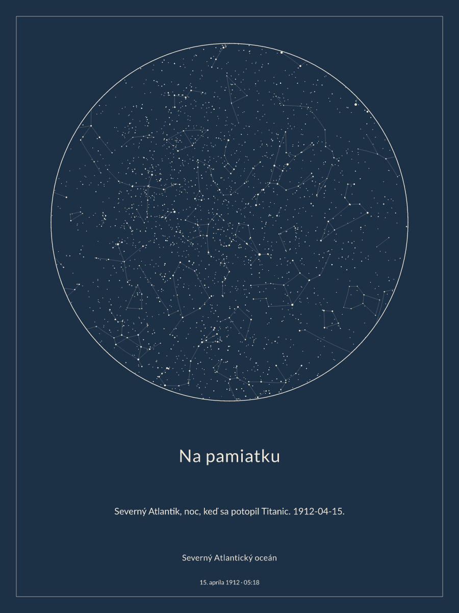Severný Atlantický oceán: mapa nočnej oblohy o 5:18 dňa 15. apríla 1912