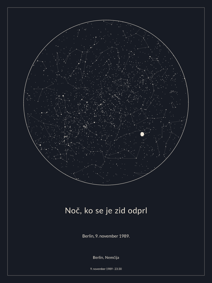Berlin, Nemčija: karta nočnega neba (ura: 23:30, datum: 9. november 1989)