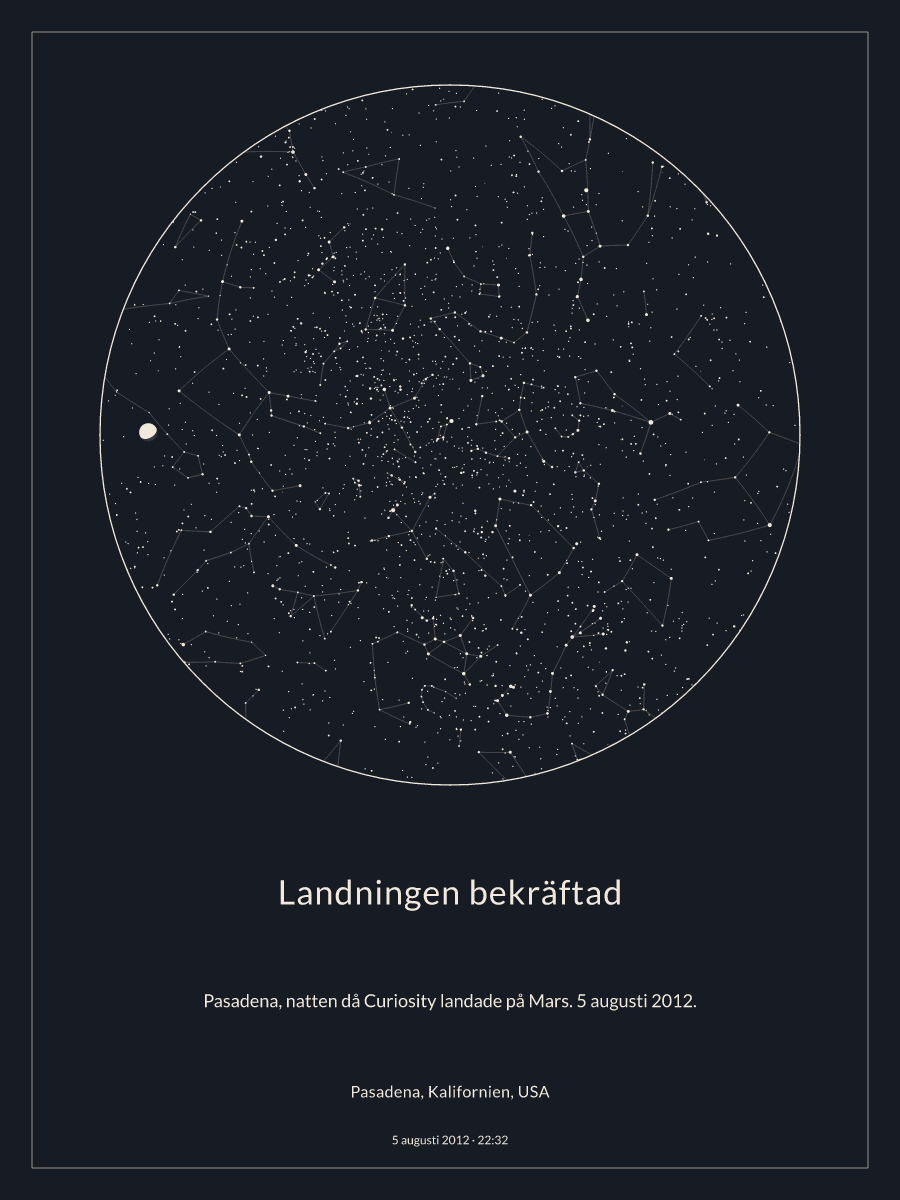 Himmelskarta över natthimlen ovanför Pasadena, Kalifornien, USA kl. 22:32 den 5 augusti 2012