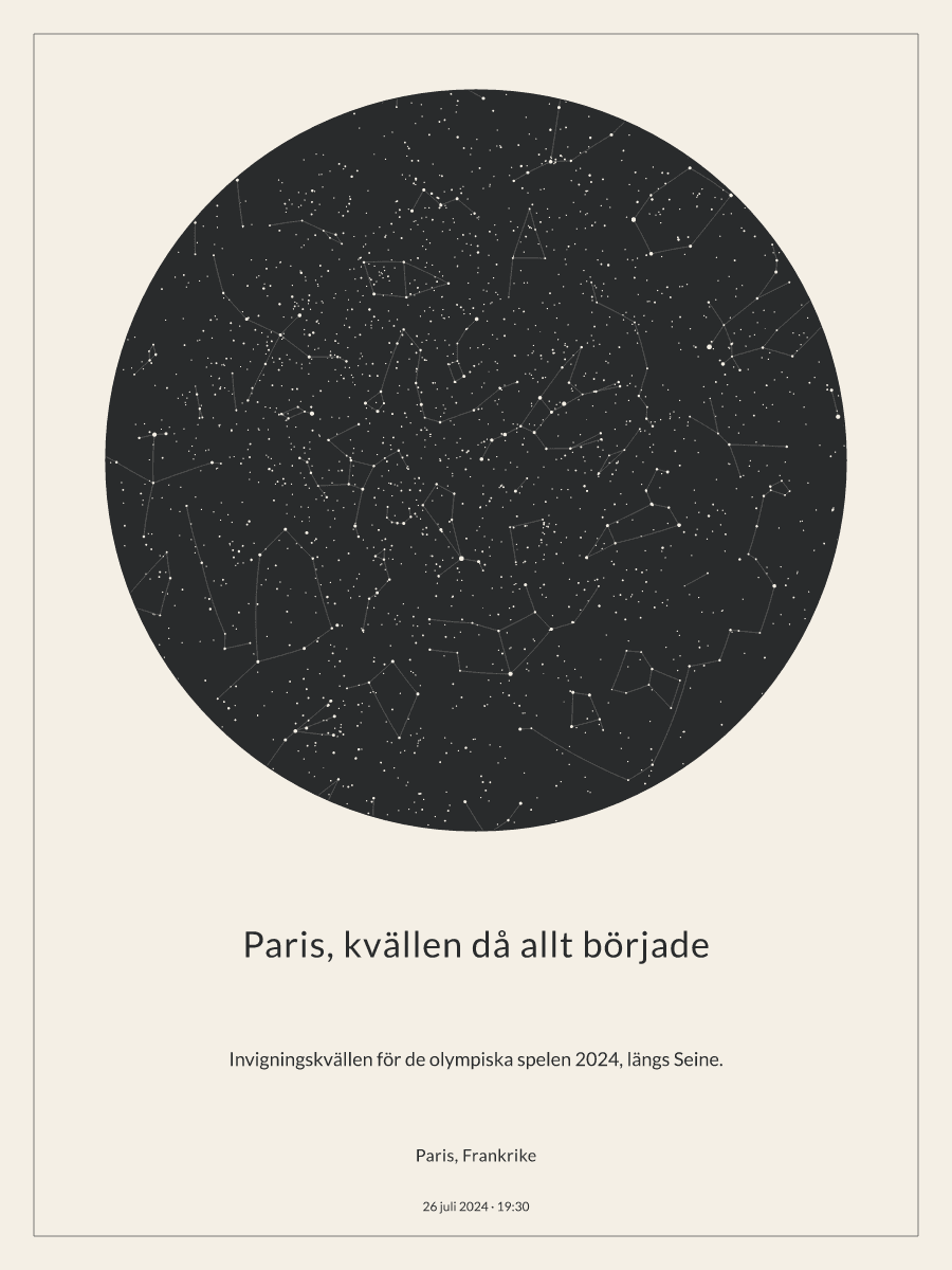 Himmelskarta över natthimlen ovanför Paris, Frankrike kl. 19:30 den 26 juli 2024