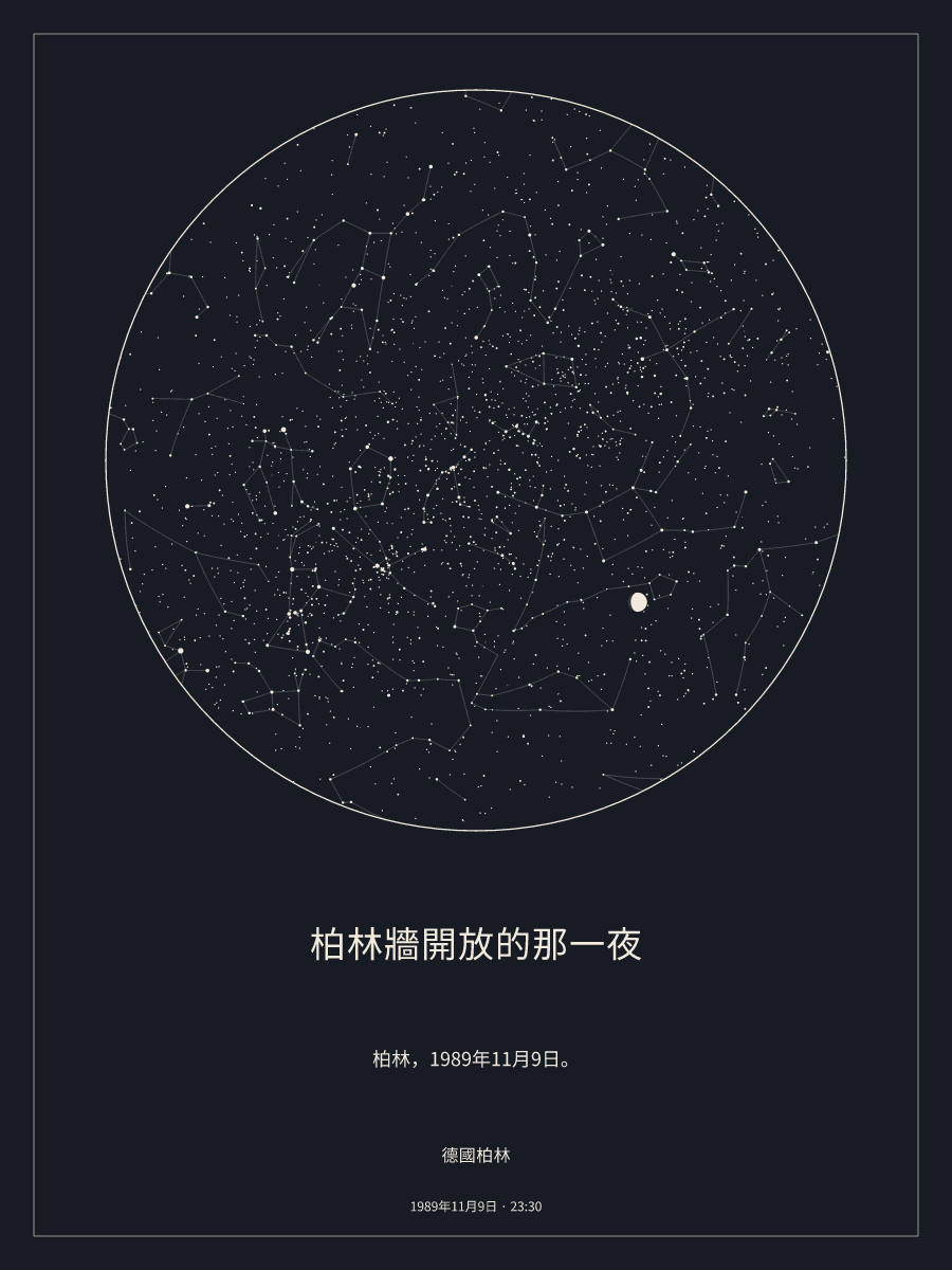 1989年11月9日 下午11:30德國柏林上空的夜空星圖