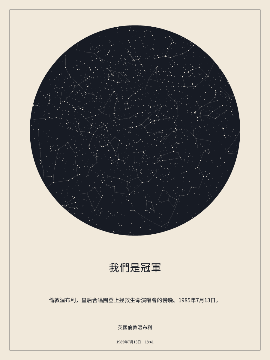 1985年7月13日 下午6:41英國倫敦溫布利上空的夜空星圖
