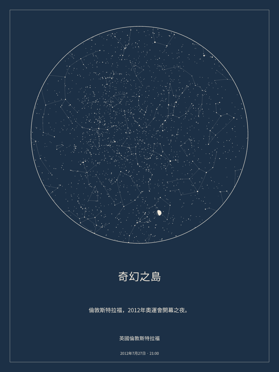 2012年7月27日 下午9:00英國倫敦斯特拉福上空的夜空星圖