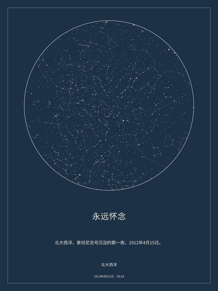 1912年4月15日 上午5:18北大西洋上空的夜空星图