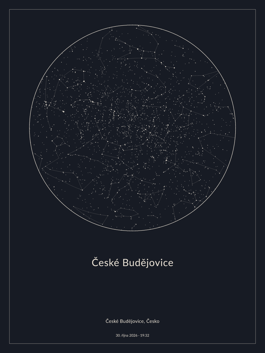 České Budějovice: Mapa noční oblohy dne 30. října 2026 v 19:32
