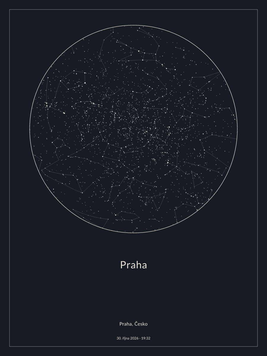 Praha: Mapa noční oblohy dne 30. října 2026 v 19:32