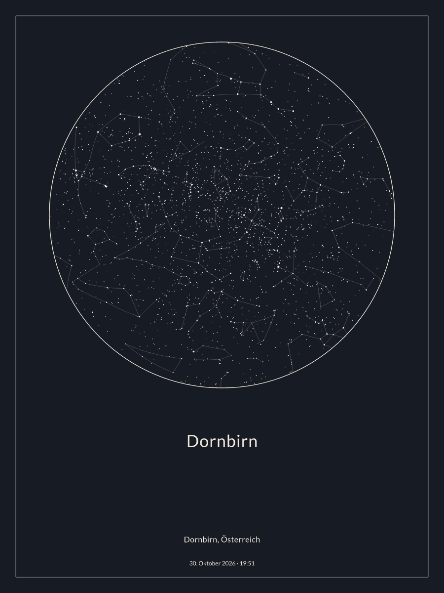 Sternkarte des Nachthimmels über Dornbirn um 19:51 Uhr am 30. Oktober 2026