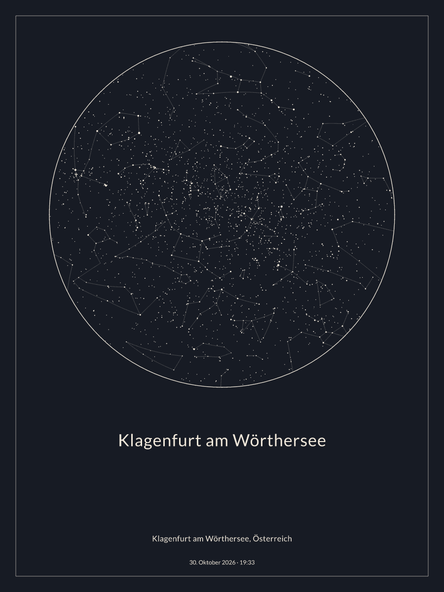 Sternkarte des Nachthimmels über Klagenfurt am Wörthersee um 19:33 Uhr am 30. Oktober 2026