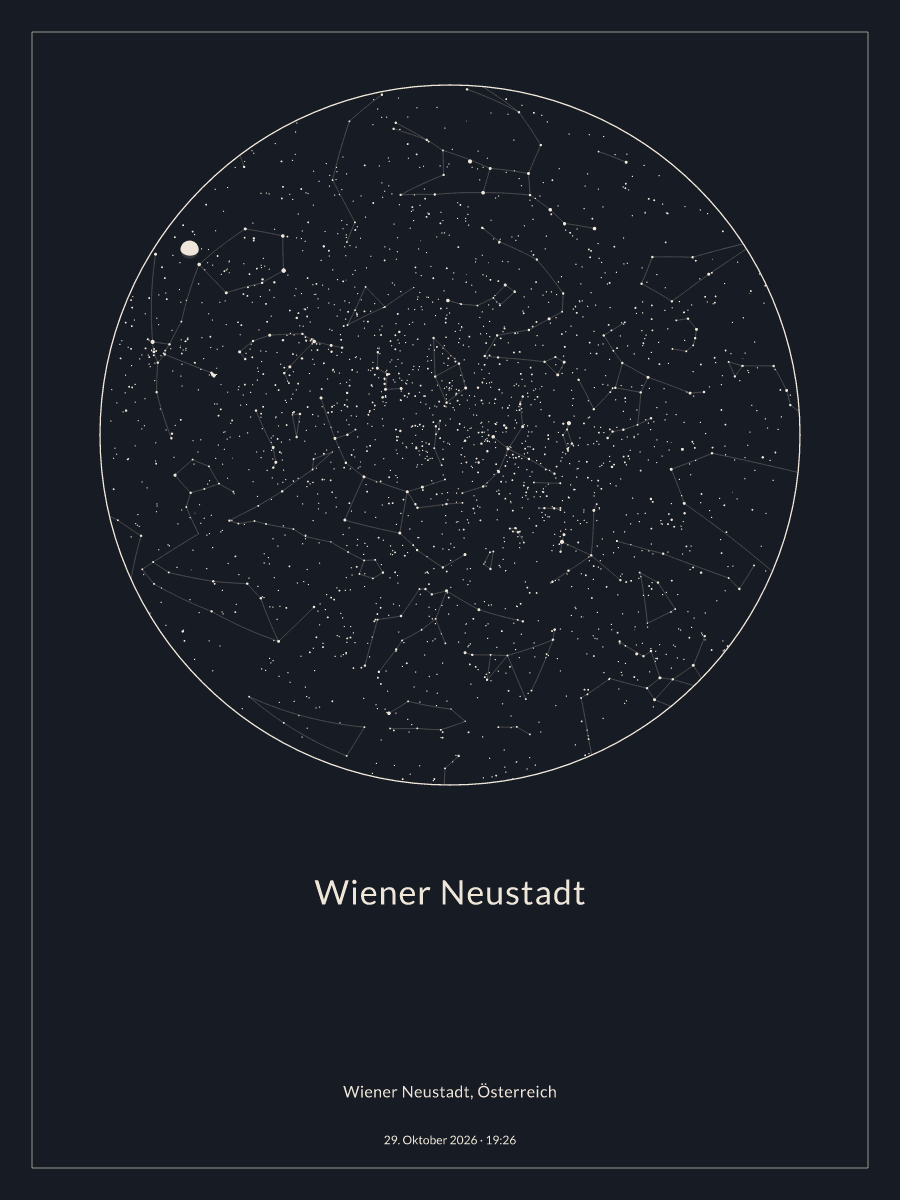 Sternkarte des Nachthimmels über Wiener Neustadt um 19:26 Uhr am 29. Oktober 2026