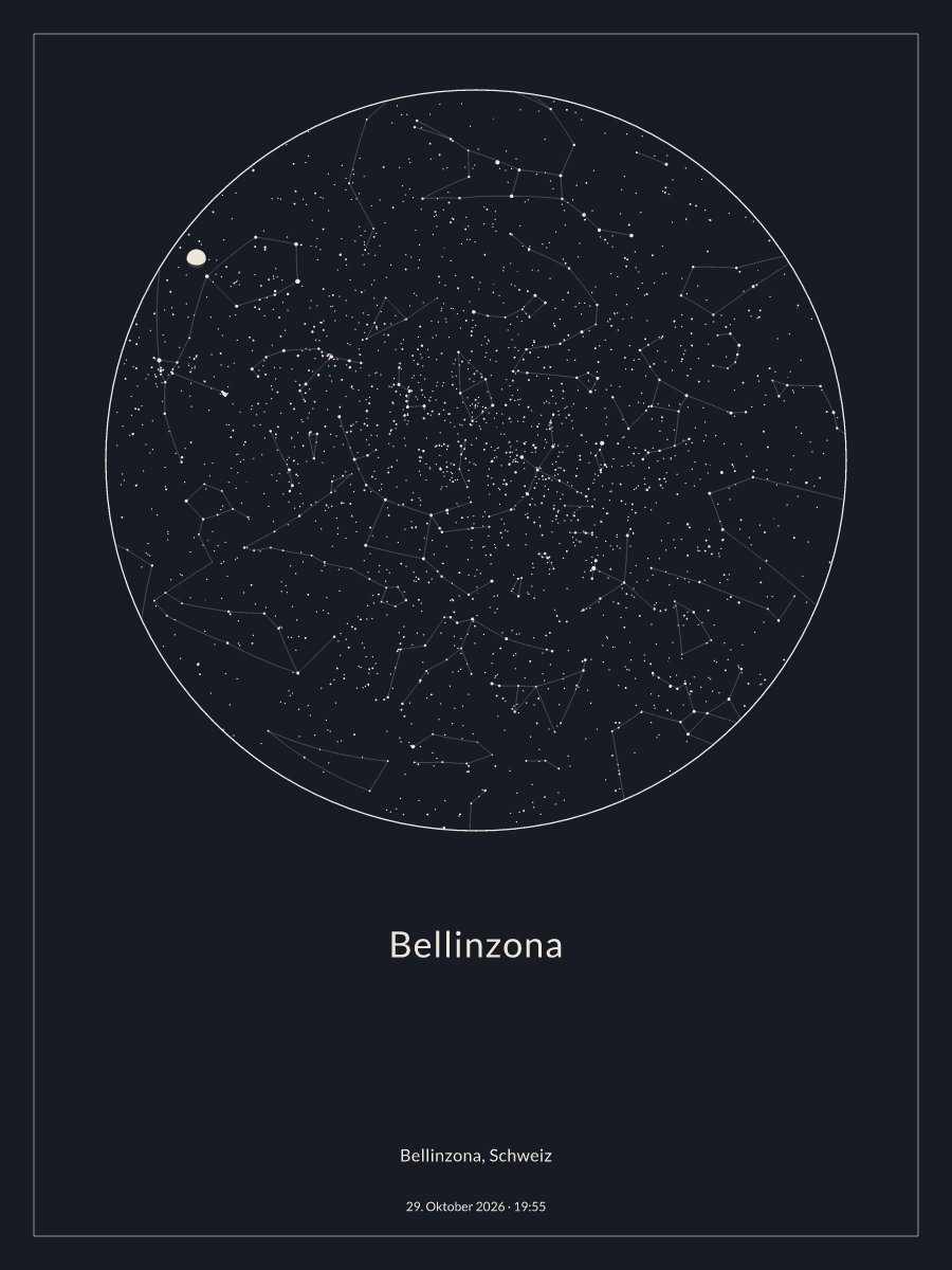 Sternkarte des Nachthimmels über Bellinzona um 19:55 Uhr am 29. Oktober 2026