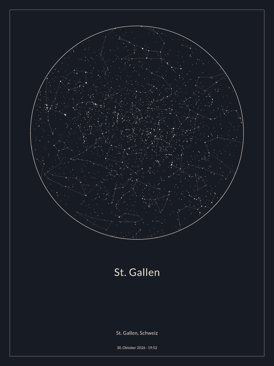 Sternkarte des Nachthimmels über St. Gallen um 19:52 Uhr am 30. Oktober 2026