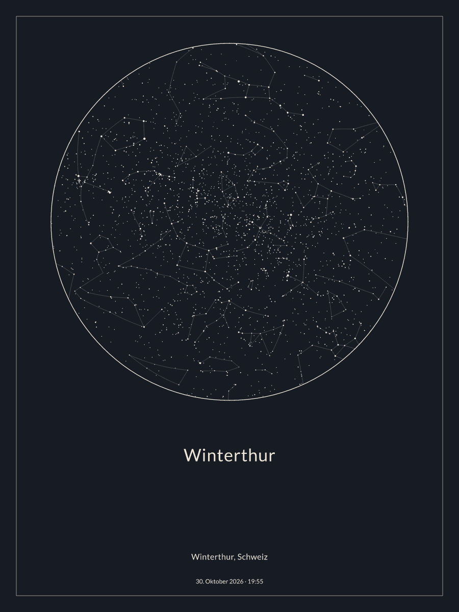 Sternkarte des Nachthimmels über Winterthur um 19:55 Uhr am 30. Oktober 2026