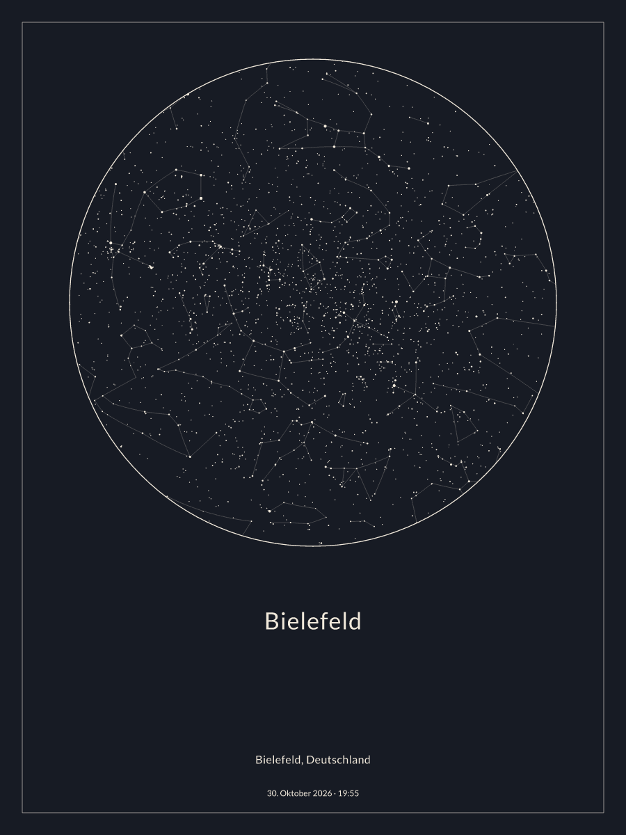 Sternkarte des Nachthimmels über Bielefeld um 19:55 Uhr am 30. Oktober 2026