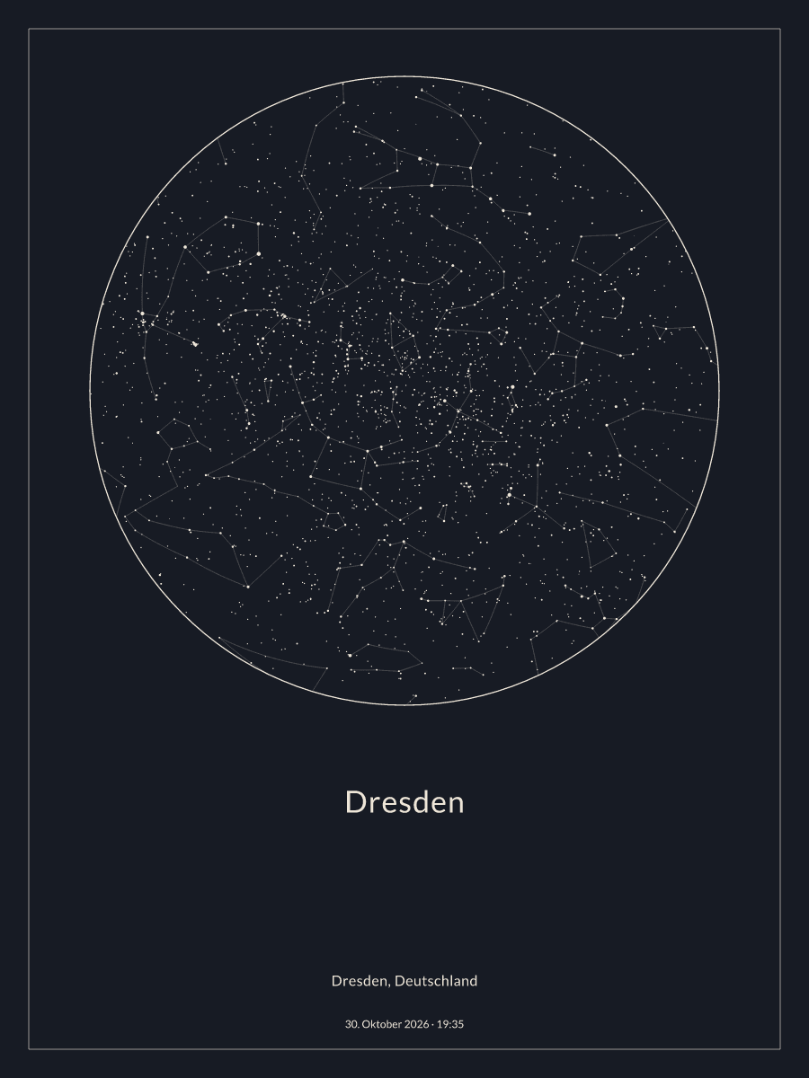 Sternkarte des Nachthimmels über Dresden um 19:35 Uhr am 30. Oktober 2026