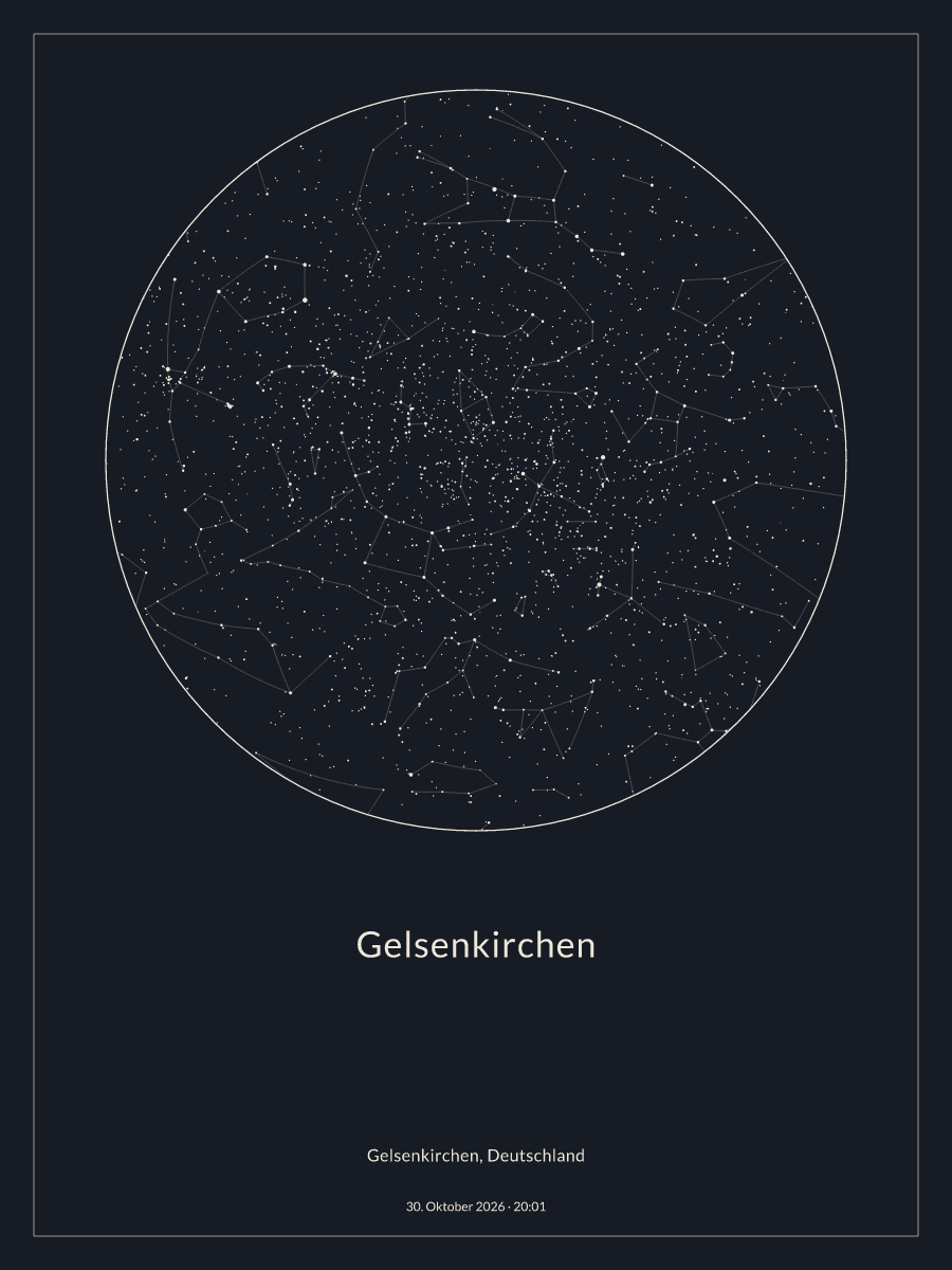 Sternkarte des Nachthimmels über Gelsenkirchen um 20:01 Uhr am 30. Oktober 2026
