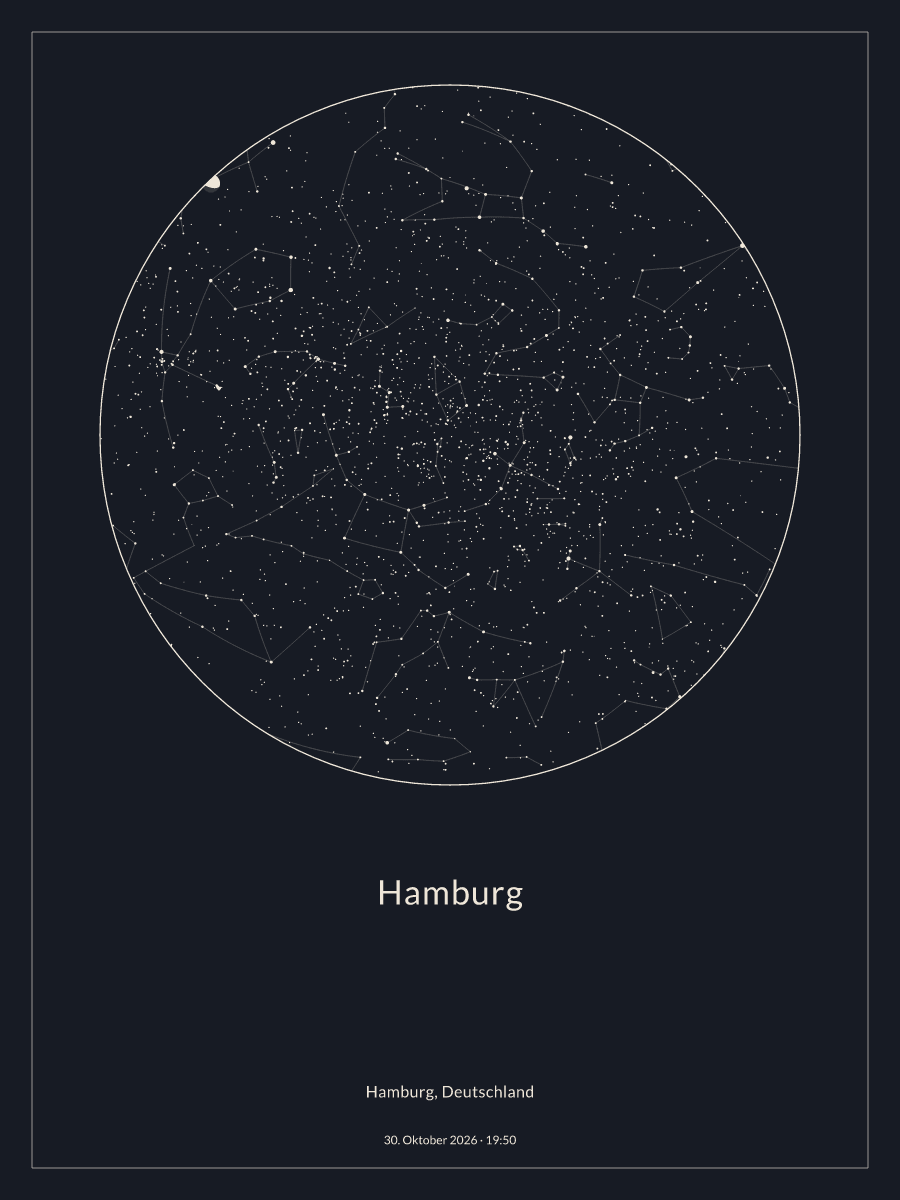 Sternkarte des Nachthimmels über Hamburg um 19:50 Uhr am 30. Oktober 2026