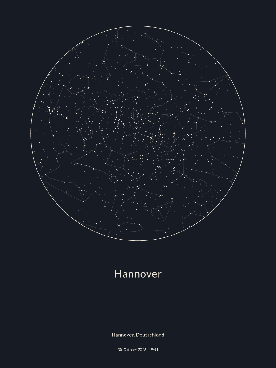 Sternkarte des Nachthimmels über Hannover um 19:51 Uhr am 30. Oktober 2026