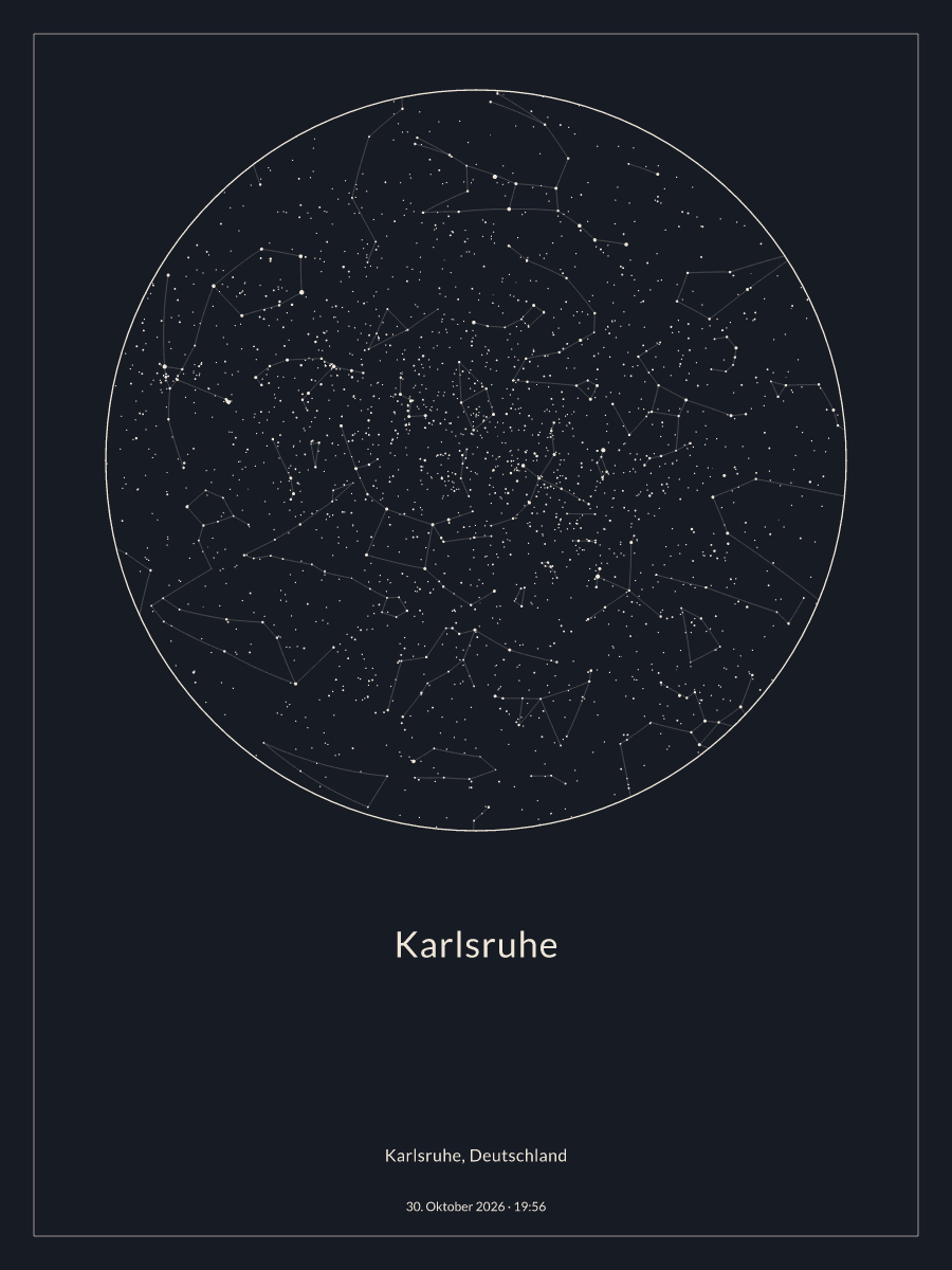 Sternkarte des Nachthimmels über Karlsruhe um 19:56 Uhr am 30. Oktober 2026