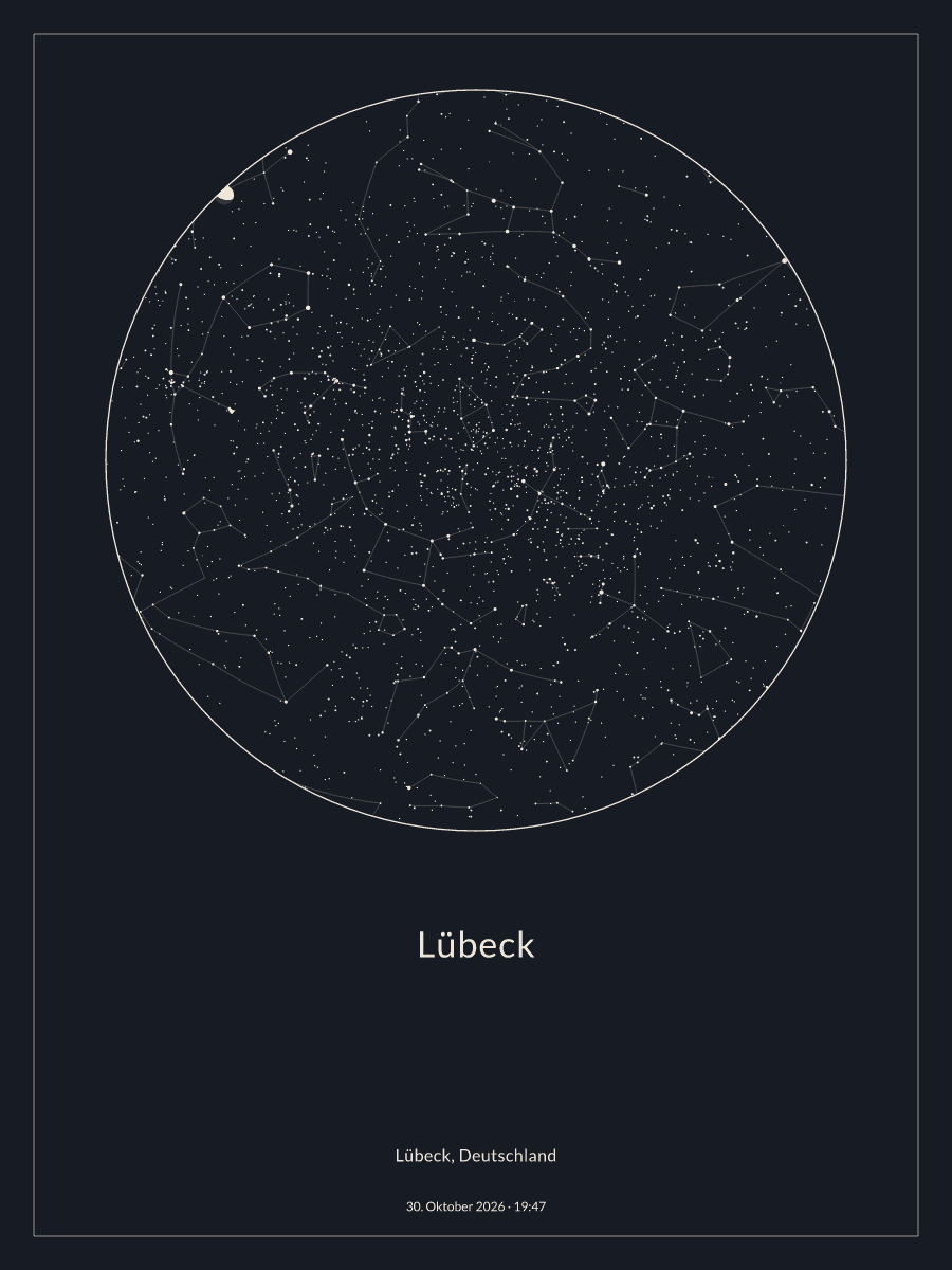 Sternkarte des Nachthimmels über Lübeck um 19:47 Uhr am 30. Oktober 2026