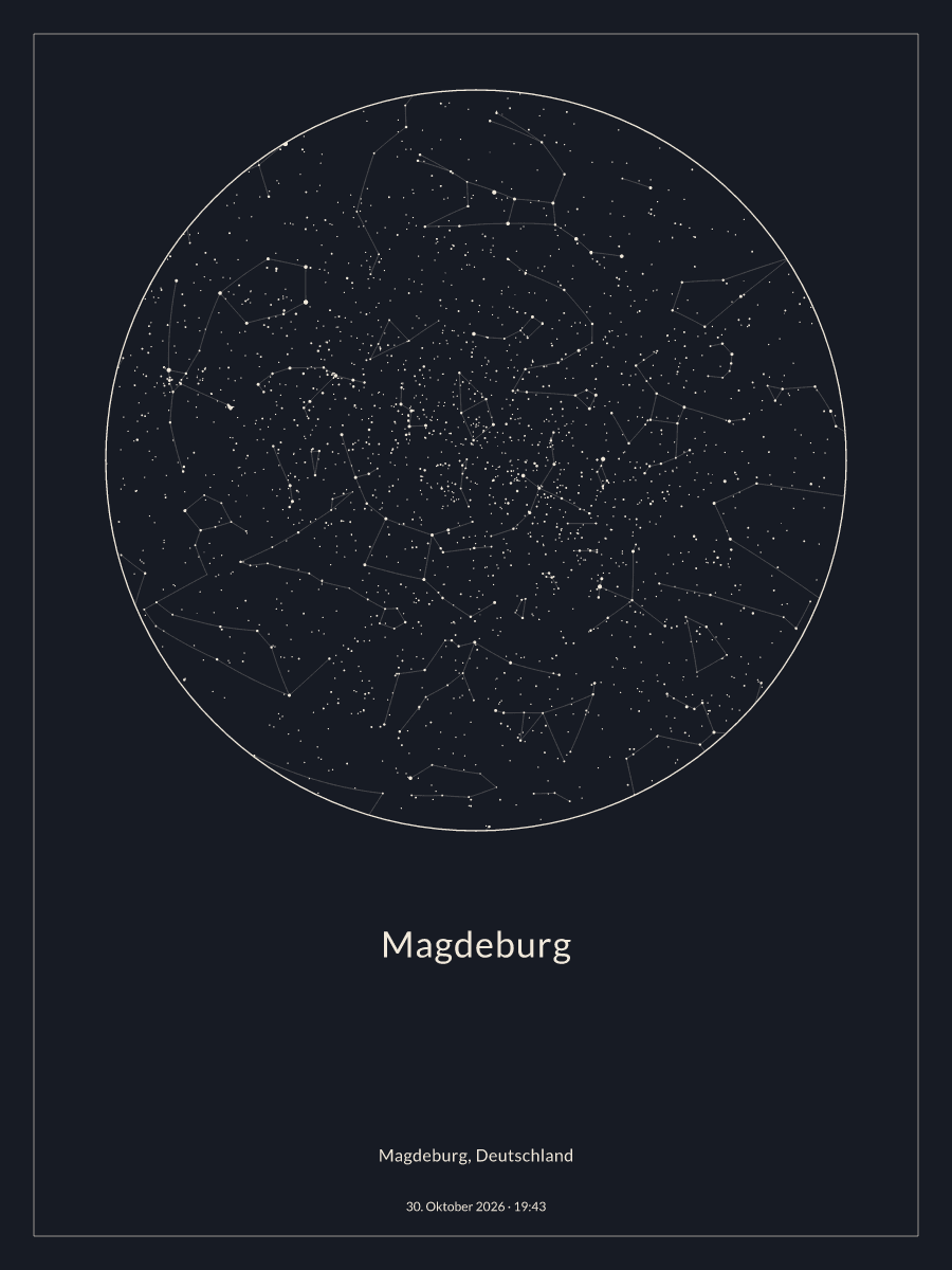 Sternkarte des Nachthimmels über Magdeburg um 19:43 Uhr am 30. Oktober 2026