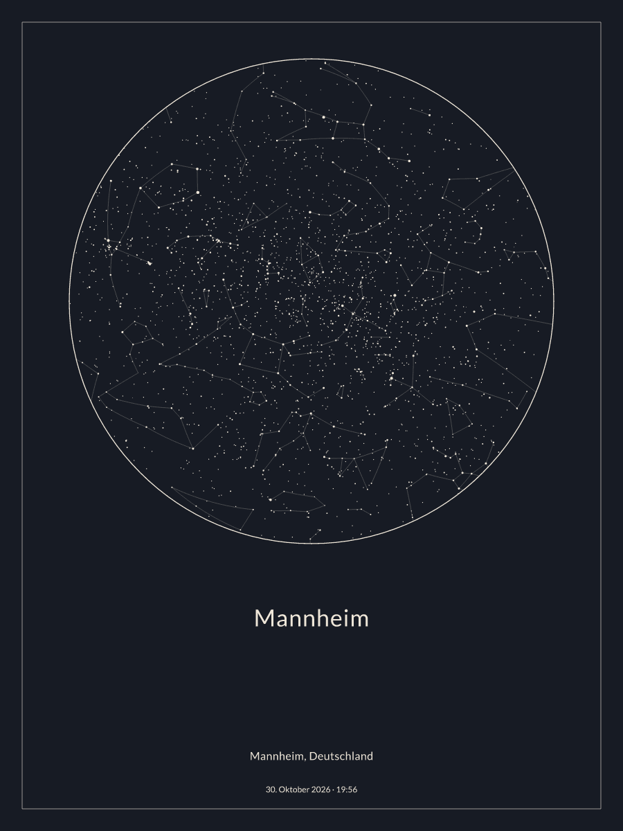 Sternkarte des Nachthimmels über Mannheim um 19:56 Uhr am 30. Oktober 2026