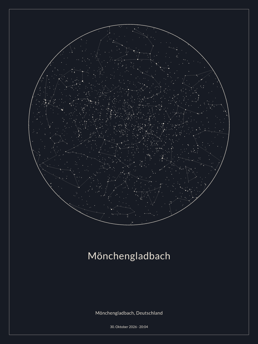 Sternkarte des Nachthimmels über Mönchengladbach um 20:04 Uhr am 30. Oktober 2026