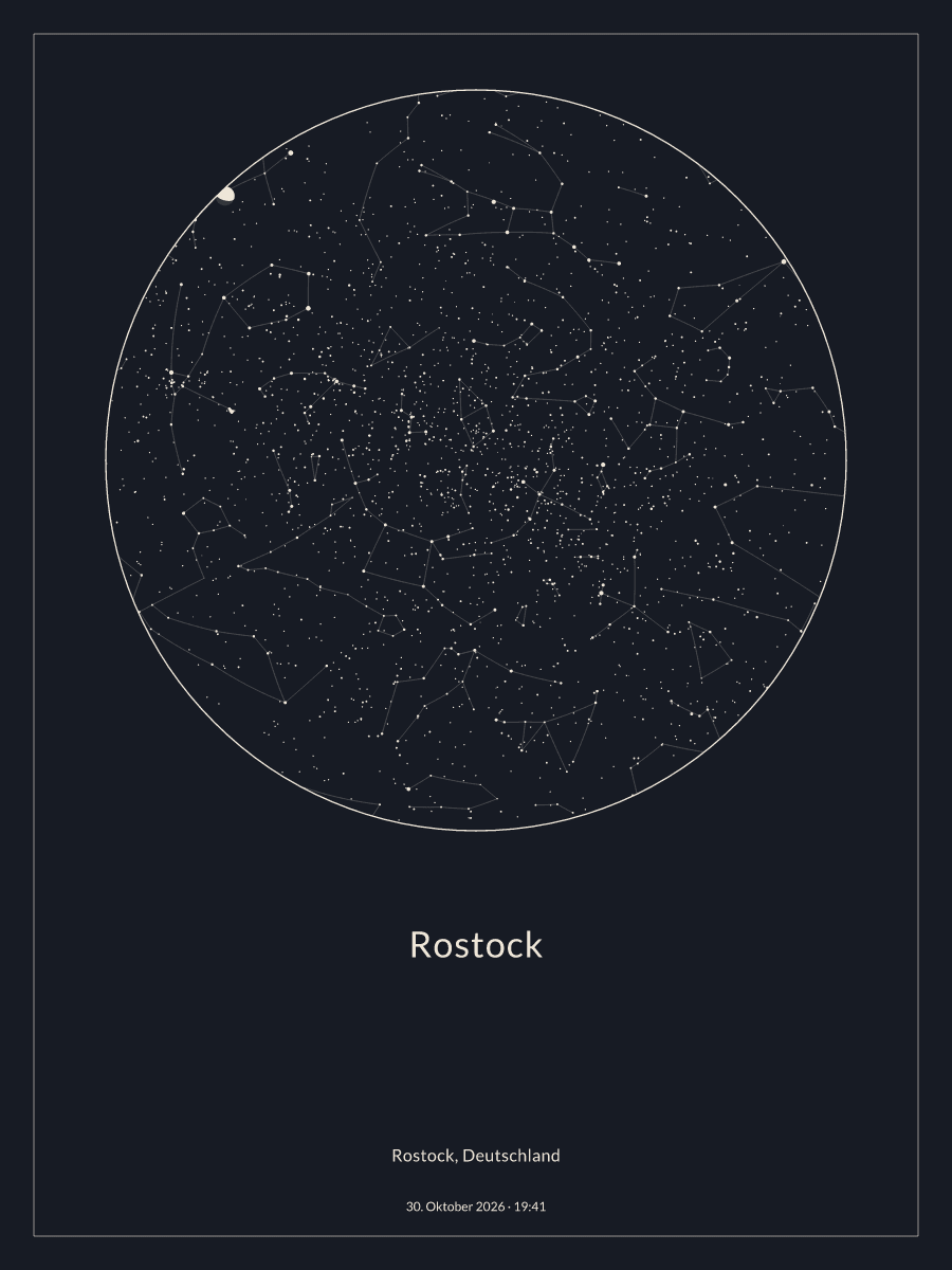 Sternkarte des Nachthimmels über Rostock um 19:41 Uhr am 30. Oktober 2026