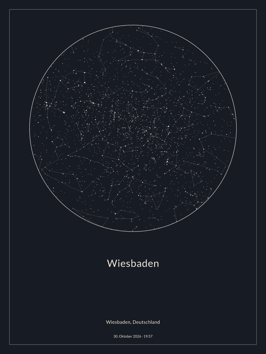 Sternkarte des Nachthimmels über Wiesbaden um 19:57 Uhr am 30. Oktober 2026