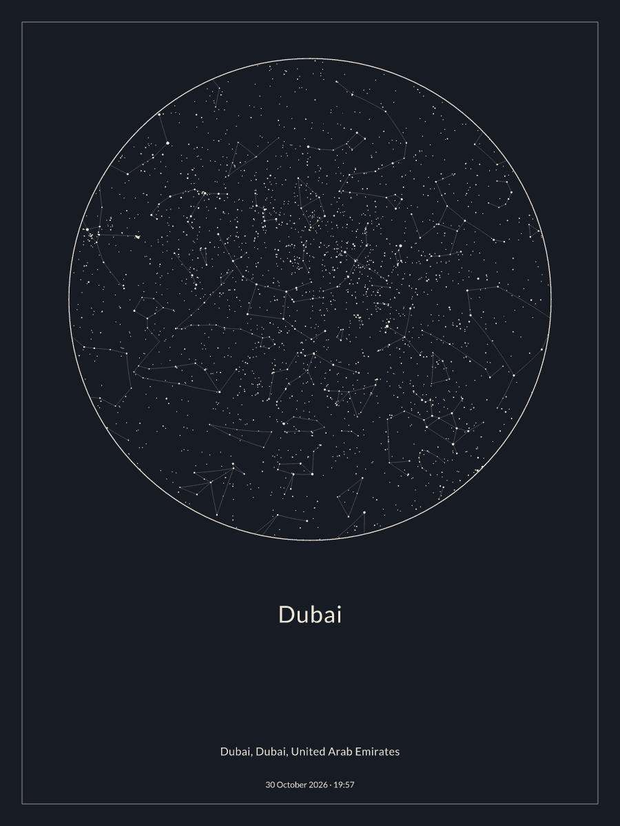 Sky chart of the night sky above Dubai at 7:57 PM on 30 October 2026