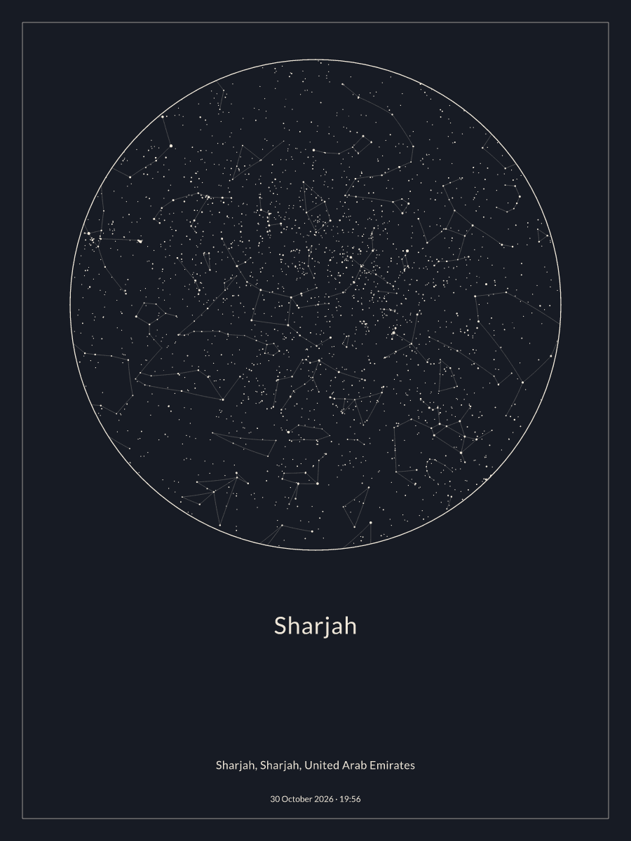 Sky chart of the night sky above Sharjah at 7:56 PM on 30 October 2026